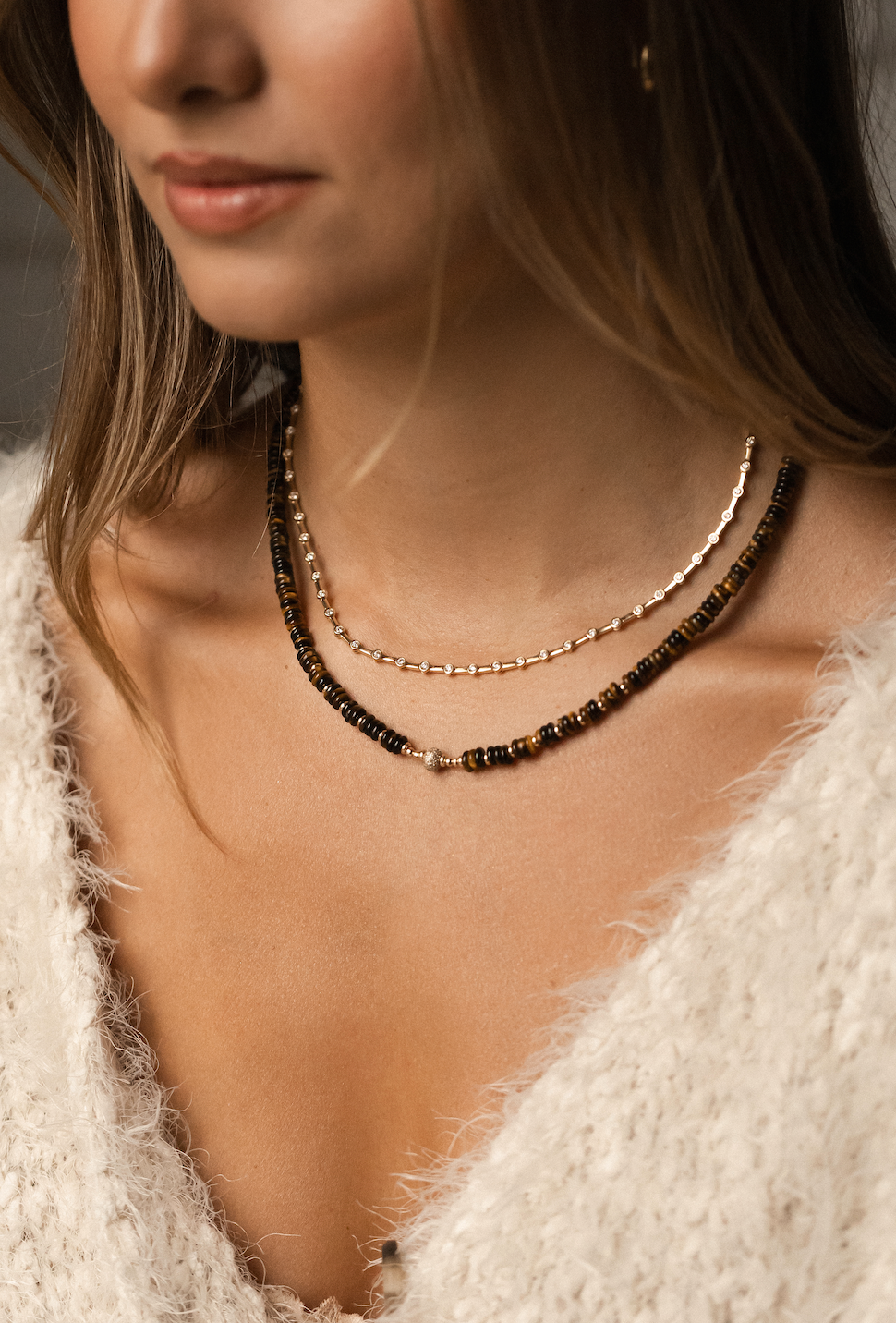 TIGER EYE AND DIAMOND GEMSTONE NECKLACE