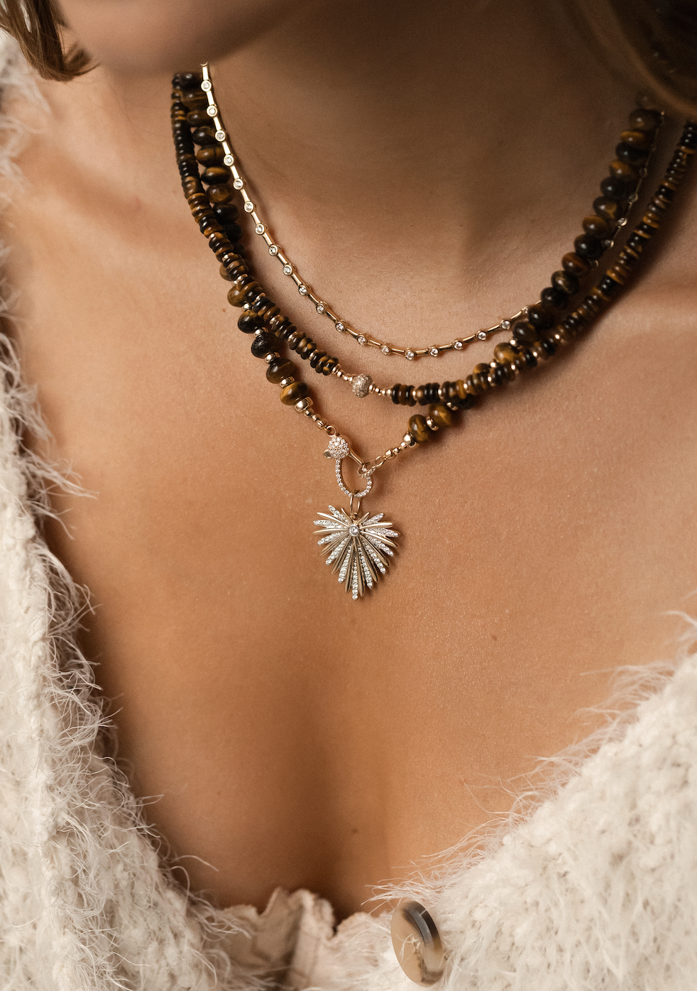 TIGER EYE AND DIAMOND GEMSTONE NECKLACE