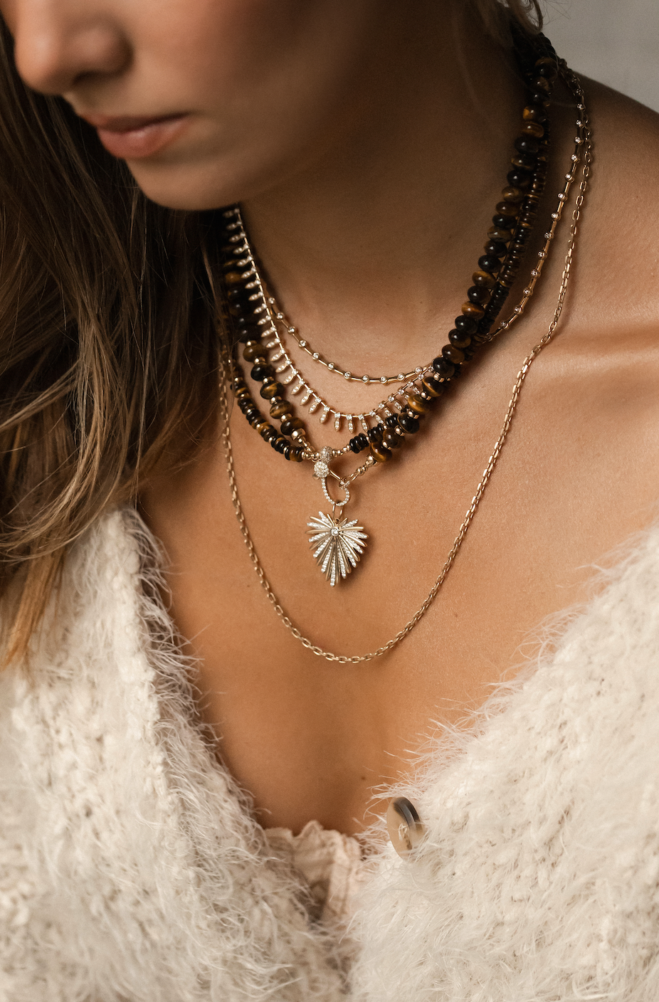 TIGER EYE AND DIAMOND GEMSTONE NECKLACE