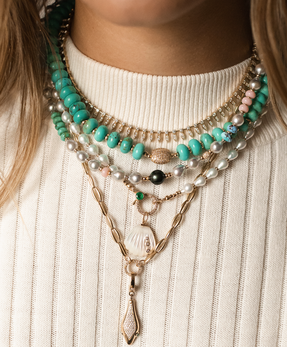 TURQUOISE NECKLACE WITH DIAMOND FOCAL BEAD