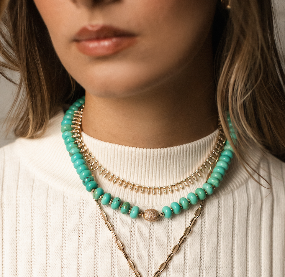 TURQUOISE NECKLACE WITH DIAMOND FOCAL BEAD