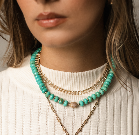 TURQUOISE NECKLACE WITH DIAMOND FOCAL BEAD