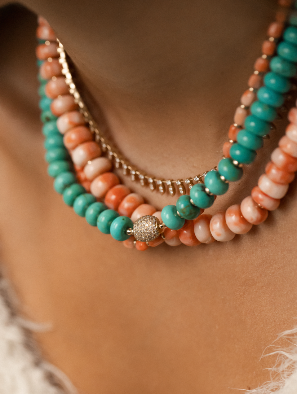 TURQUOISE NECKLACE WITH DIAMOND FOCAL BEAD