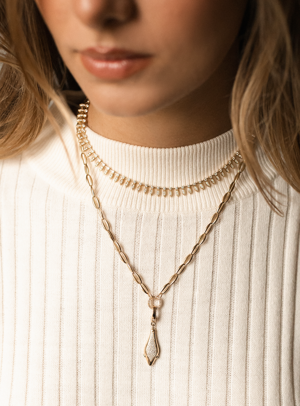 14K GOLD PUFFY ROLO CHAIN WITH DIAMOND CLIP