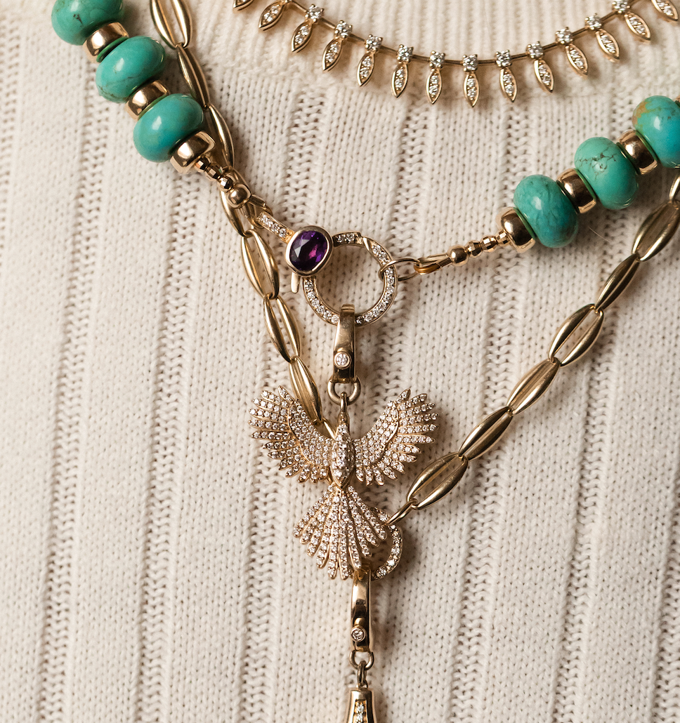 TURQUOISE NECKLACE WITH DIAMOND AND AMETHYST FRONT CLASP