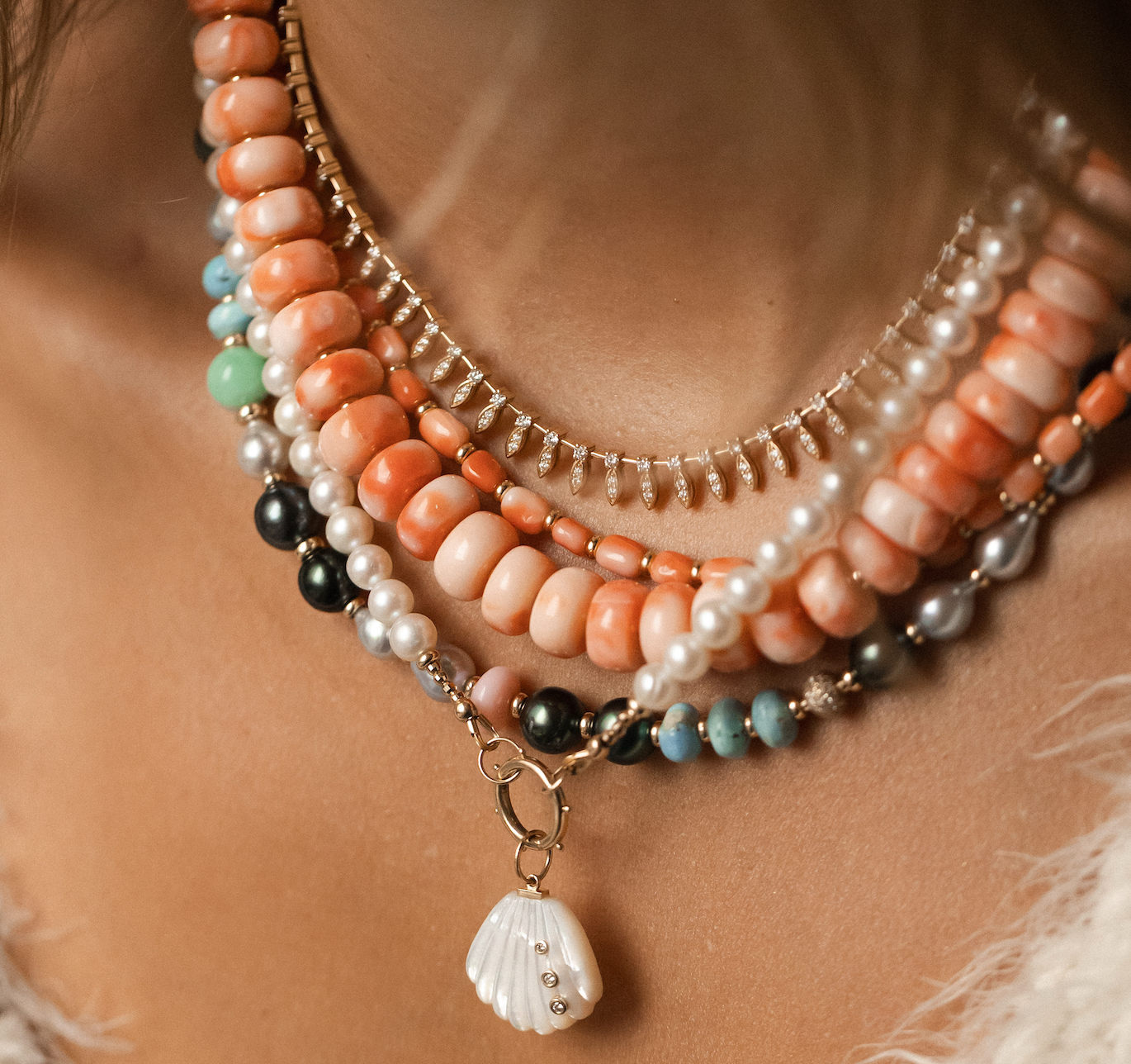 14k GOLD & PEARL NECKLACES with GOLD CHARM HOLDER