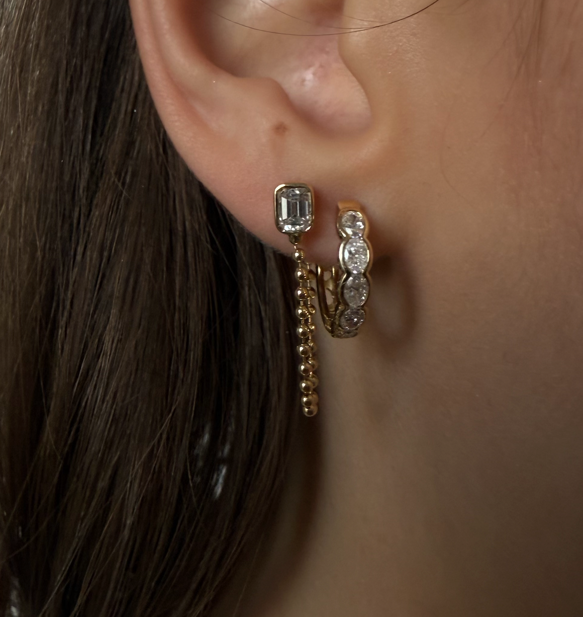 EMERALD CUT EARRINGS WITH 14K GOLD BALL CHAIN