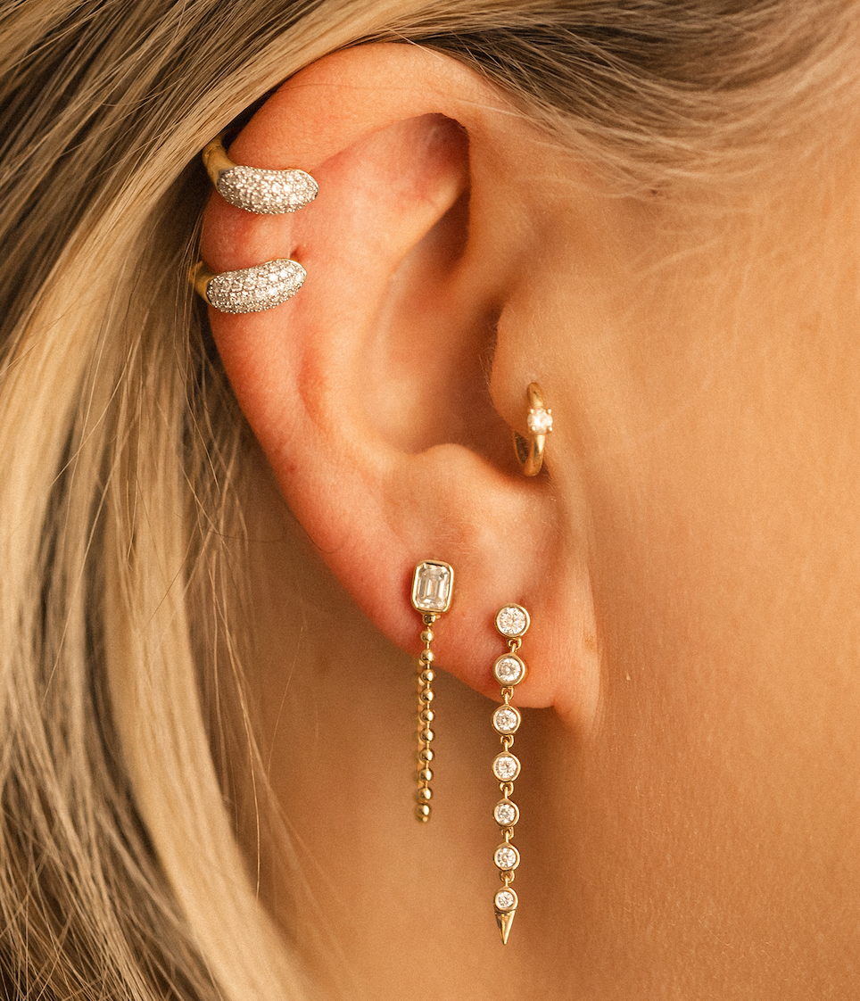 EMERALD CUT EARRINGS WITH 14K GOLD BALL CHAIN