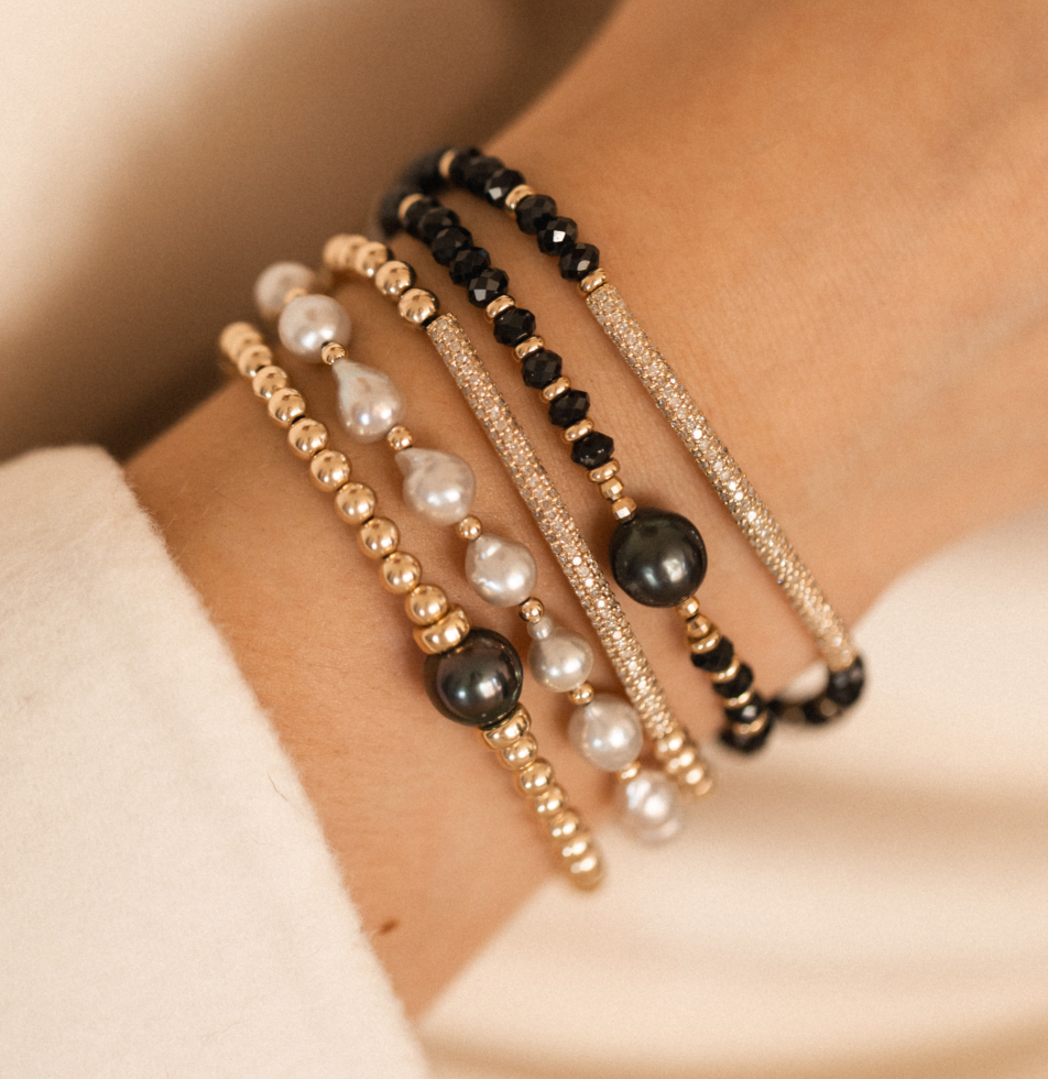 BLACK SPINEL, 14K GOLD & TAHITIAN PEARL BRACELET