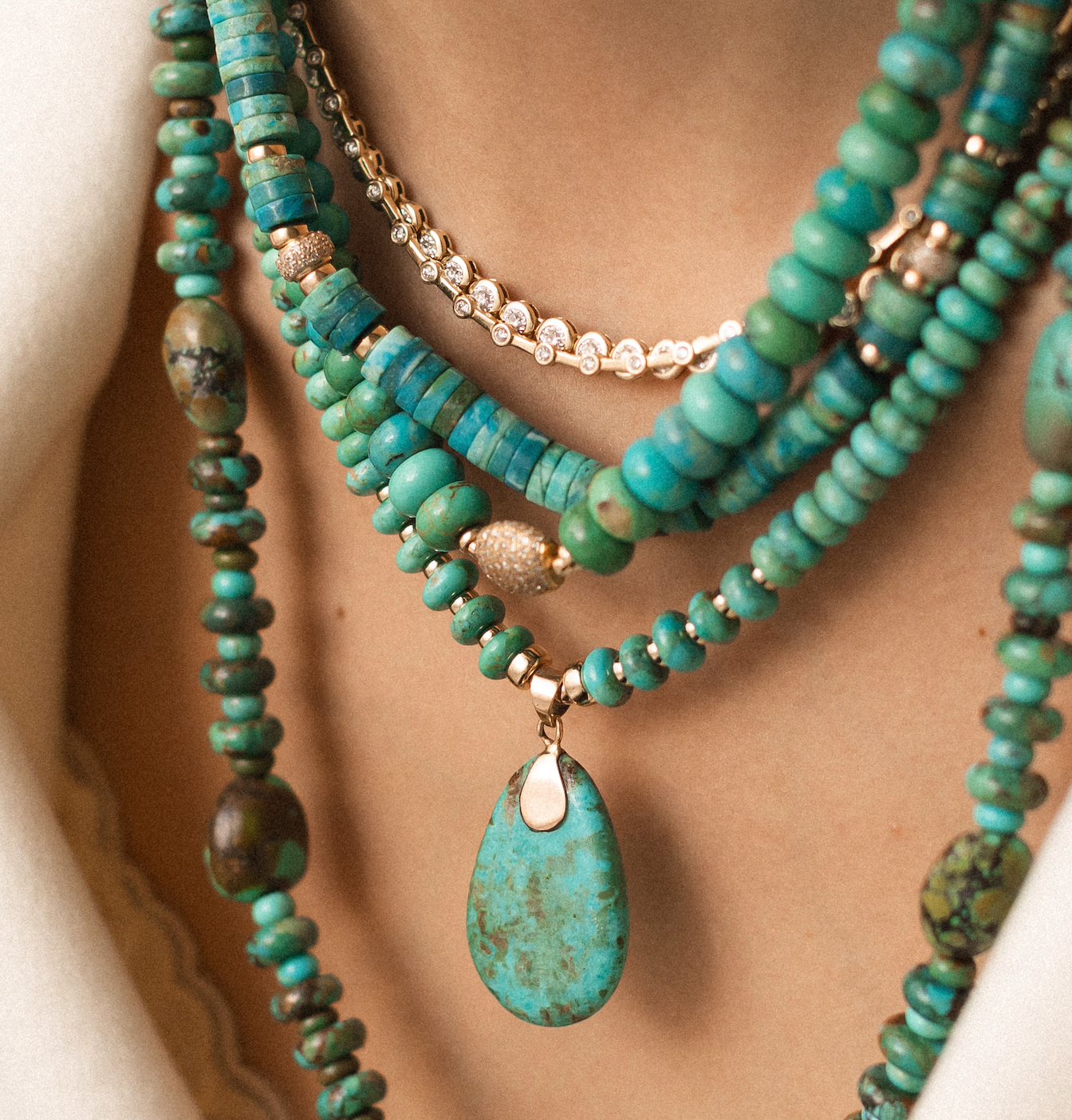 TURQUOISE & DIAMOND BEAD NECKLACE