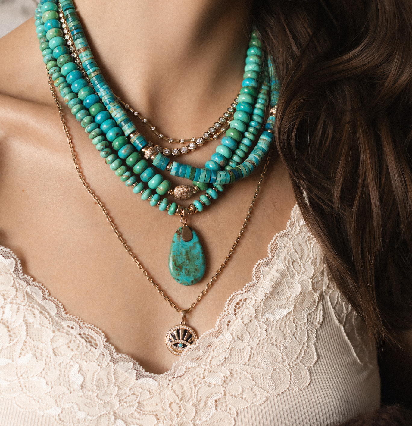 TURQUOISE & DIAMOND BEAD NECKLACE