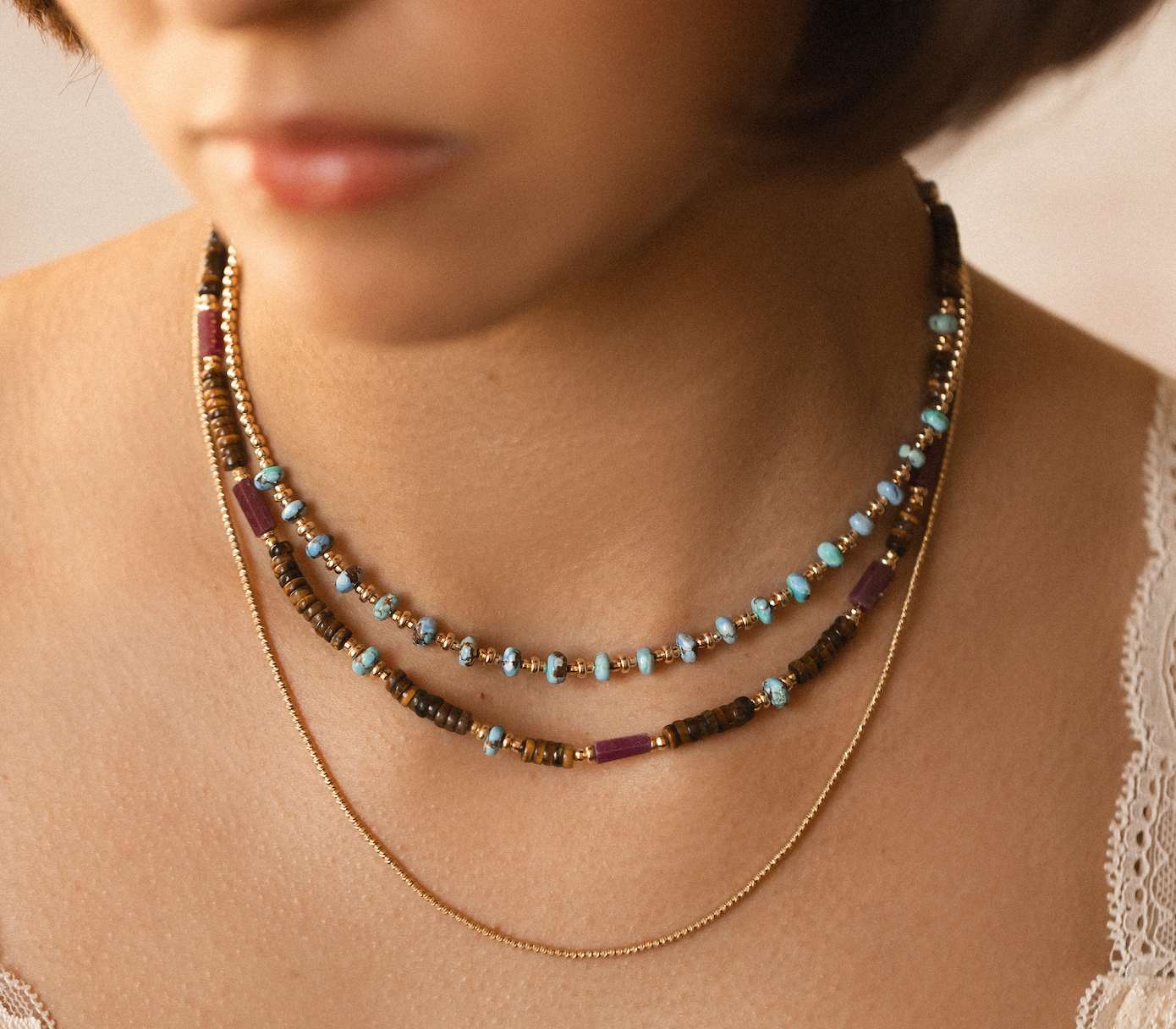 TIGER EYE, RUBY & TURQUIOSE BEADED NECKLACES