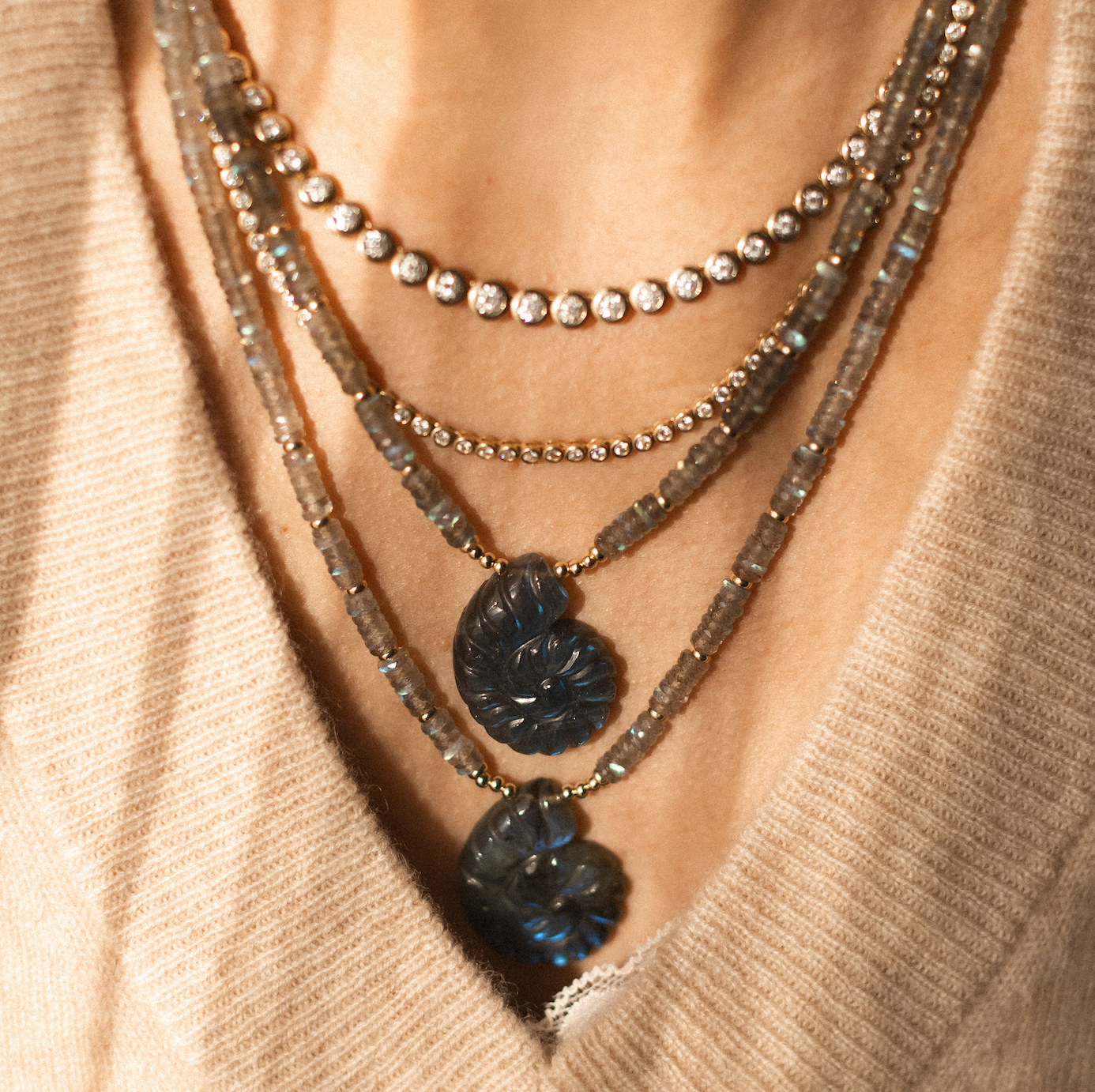 LABRADORITE & CARVED SHELL NECKLACES