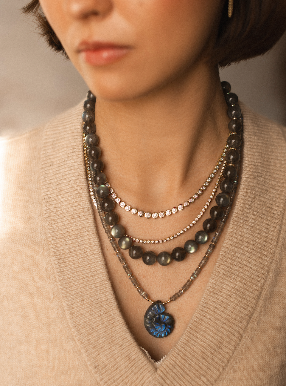 LABRADORITE & CARVED SHELL NECKLACES