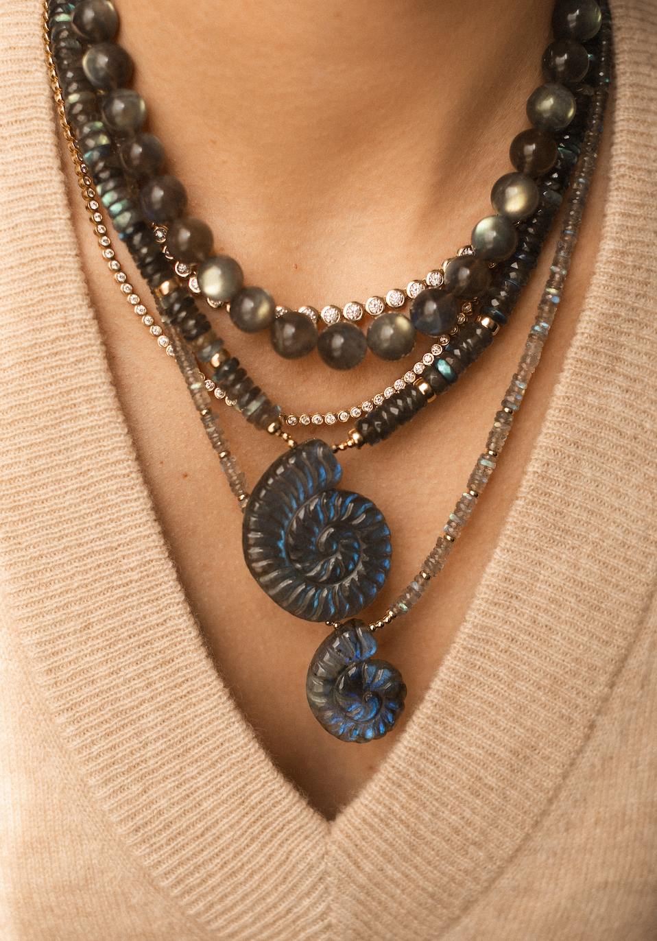 LABRADORITE & CARVED SHELL NECKLACES