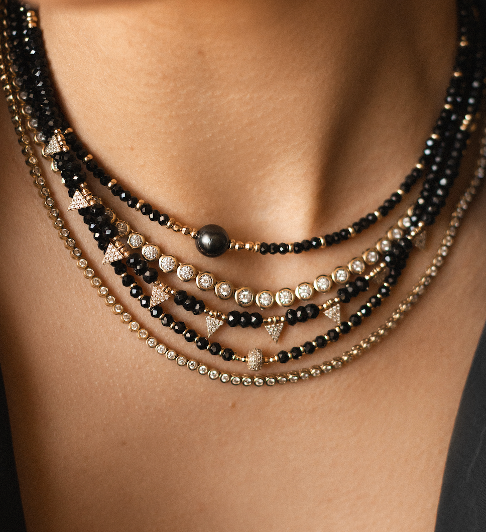 BLACK SPINEL AND 14K GOLD NECKLACE WITH DIAMOND RONDELLE