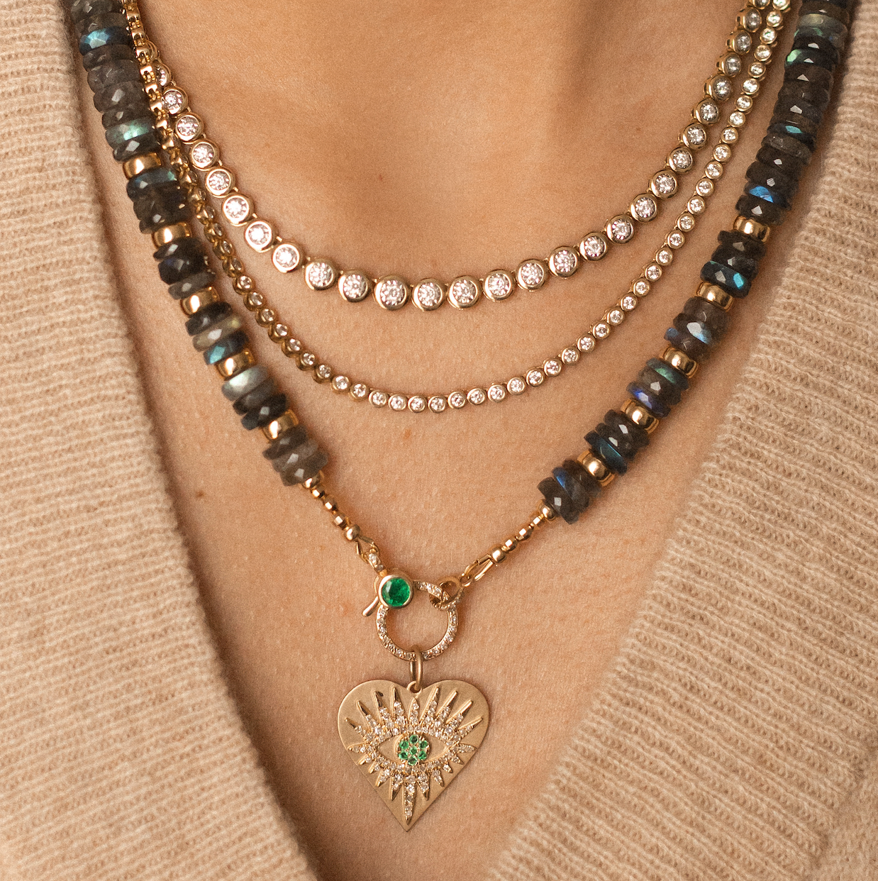 LABRADORITE 10MM HEISHI GEMSTONE NECKLACE WITH 14K GOLD AND EMERALD CLASP