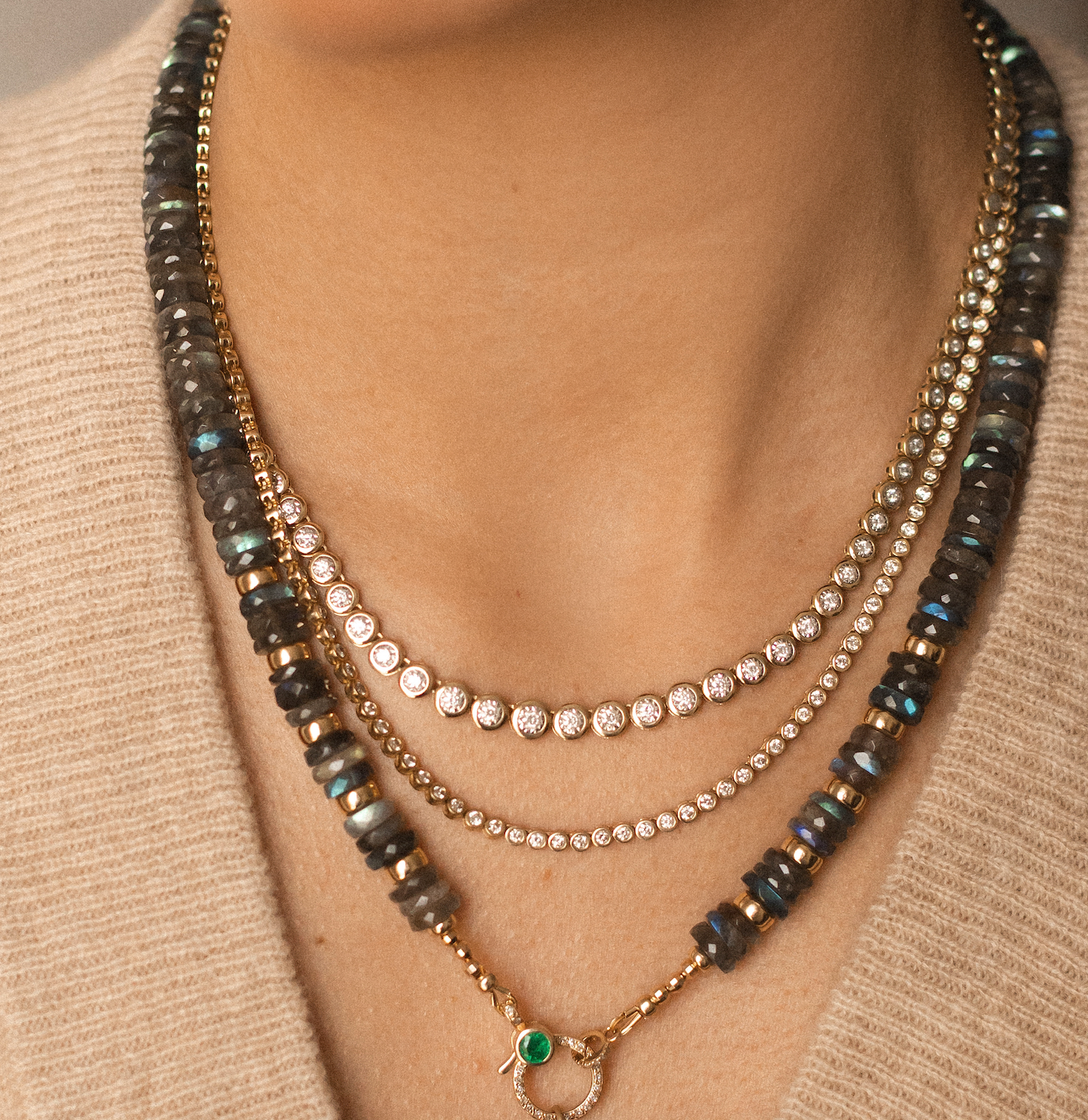 LABRADORITE 10MM HEISHI GEMSTONE NECKLACE WITH 14K GOLD AND EMERALD CLASP