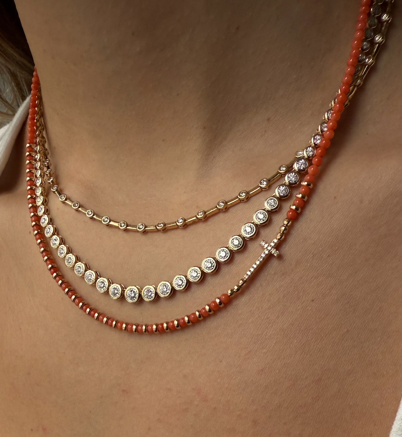 14K GOLD & DIAMOND CROSS CORAL NECKLACE