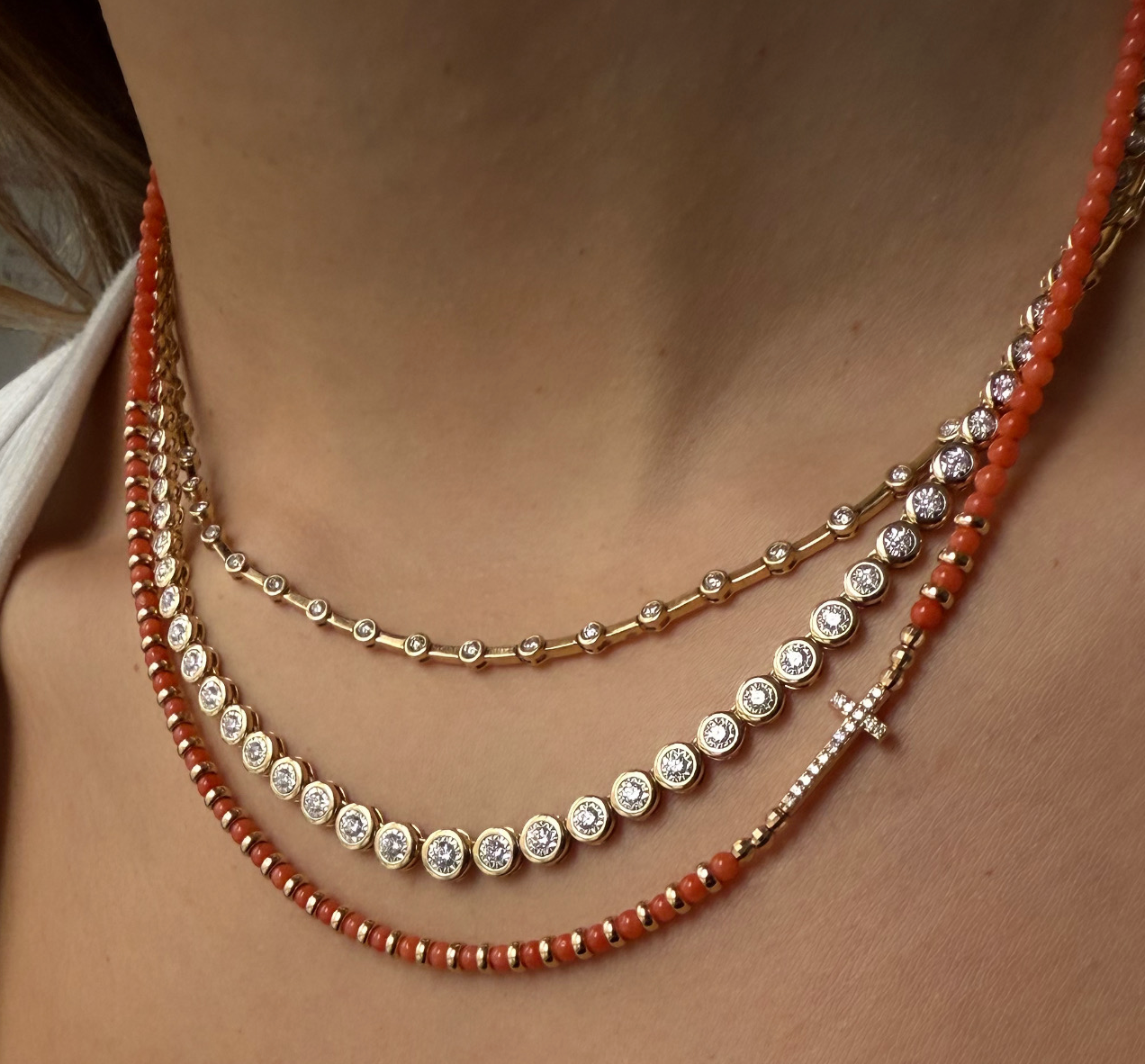 14K GOLD & DIAMOND CROSS CORAL NECKLACE