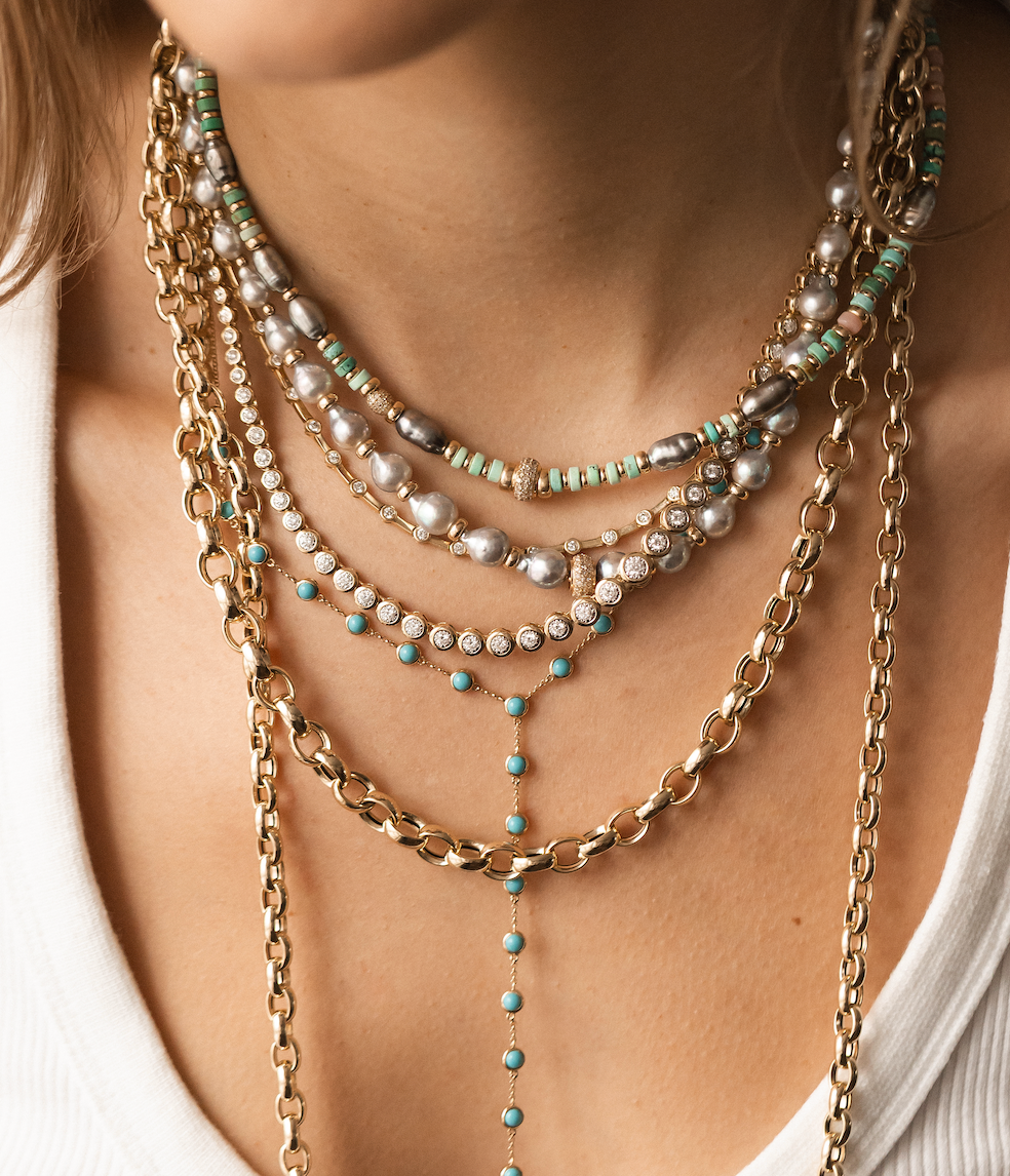 AKOYA PEARL AND 14K GOLD NECKLACE WITH DIAMOND FOCAL BEAD