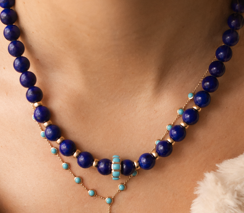 LAPIS NECKLACE WITH 14K GOLD TURQUOISE FOCAL BEAD