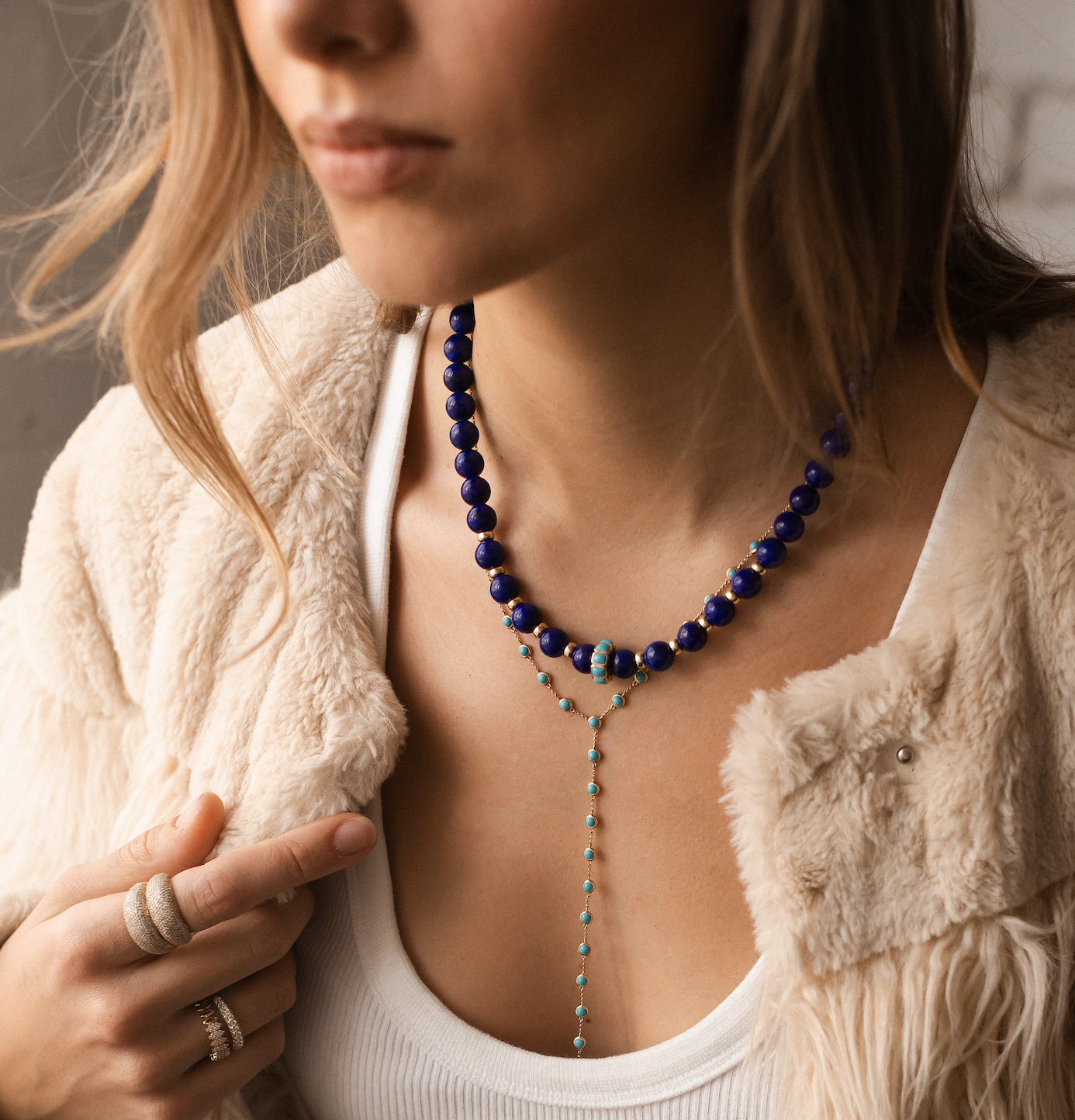 LAPIS NECKLACE WITH 14K GOLD TURQUOISE FOCAL BEAD