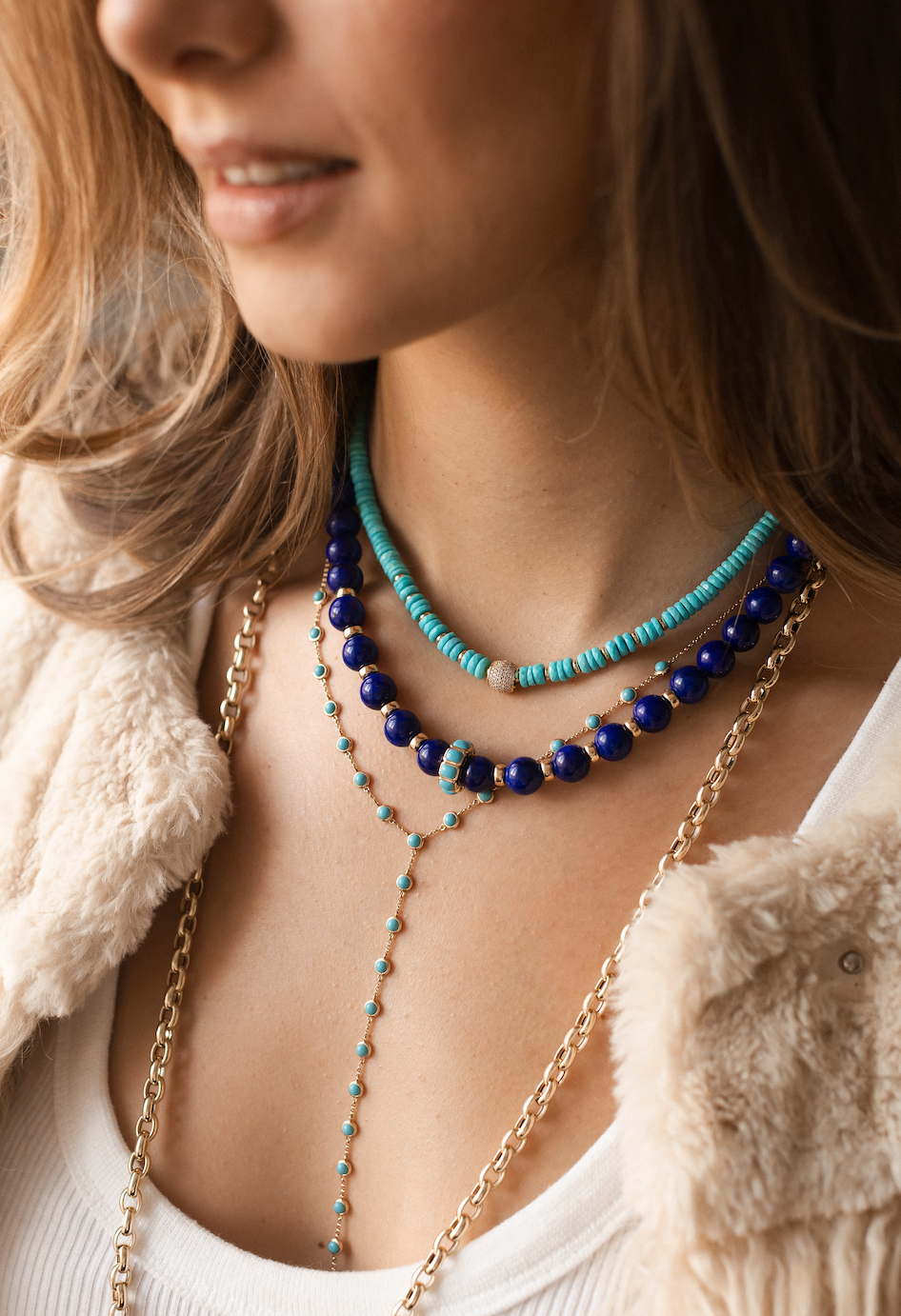 LAPIS NECKLACE WITH 14K GOLD TURQUOISE FOCAL BEAD