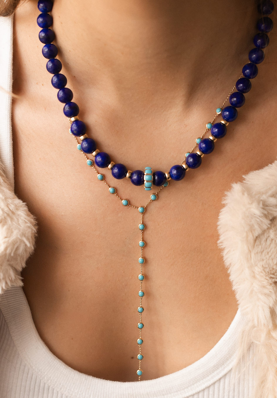 LAPIS NECKLACE WITH 14K GOLD TURQUOISE FOCAL BEAD