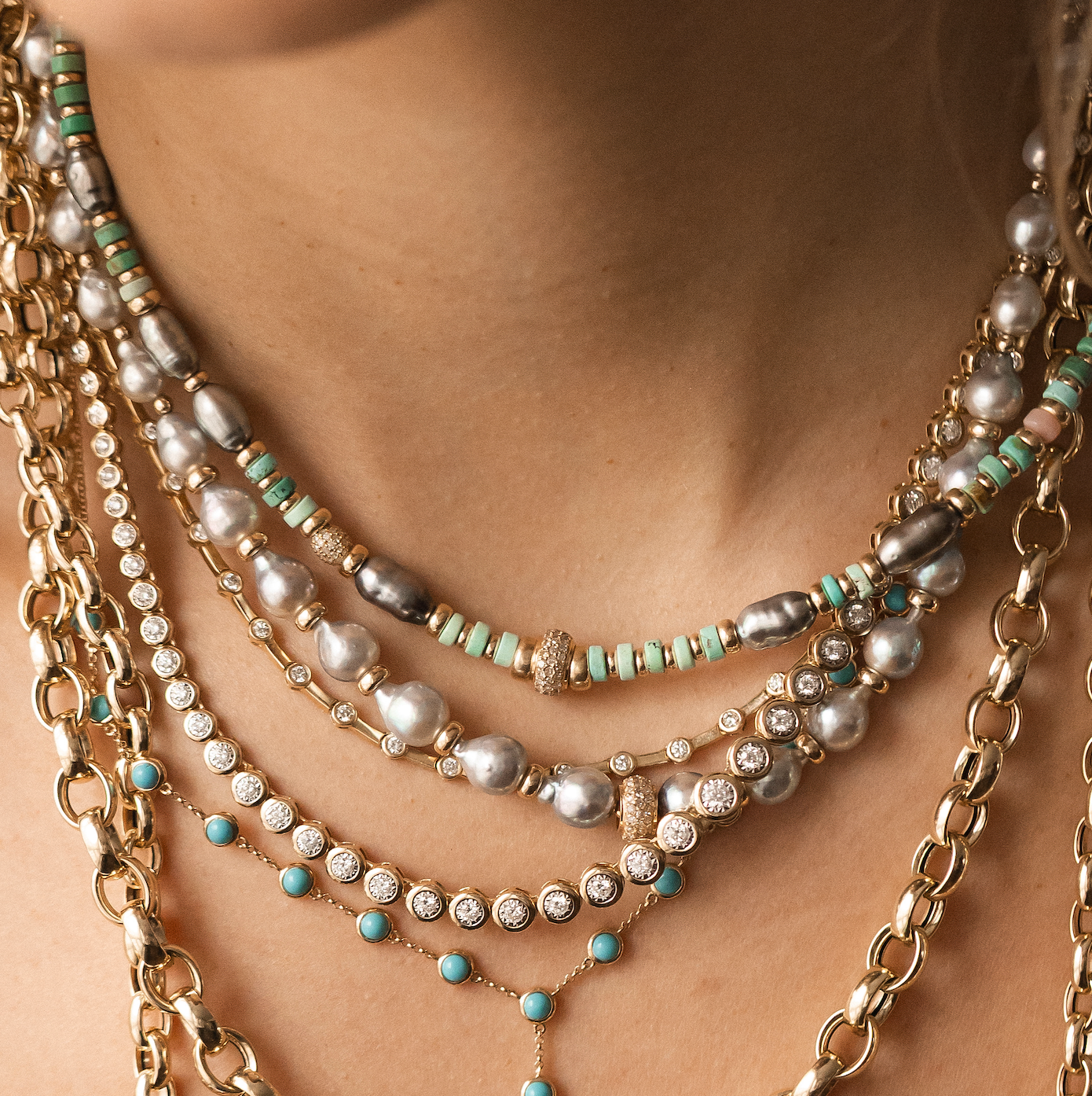 TURQUOISE & TAHITIAN ANTIQUITY NECKLACES. ONE OF A KIND