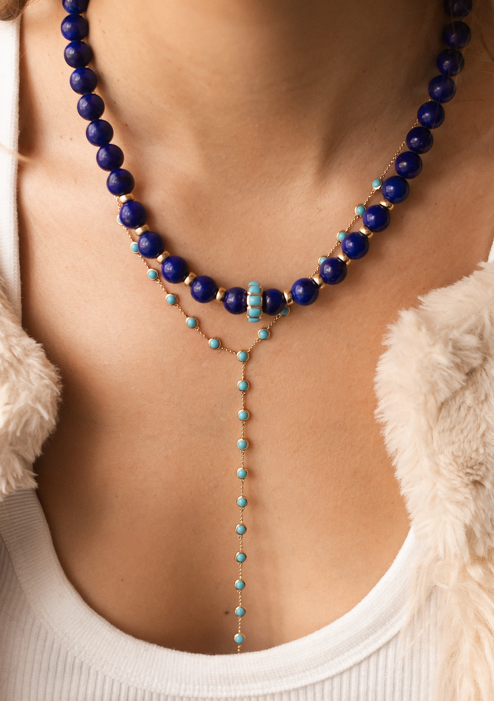 TURQUOISE & 14K GOLD Y NECKLACE