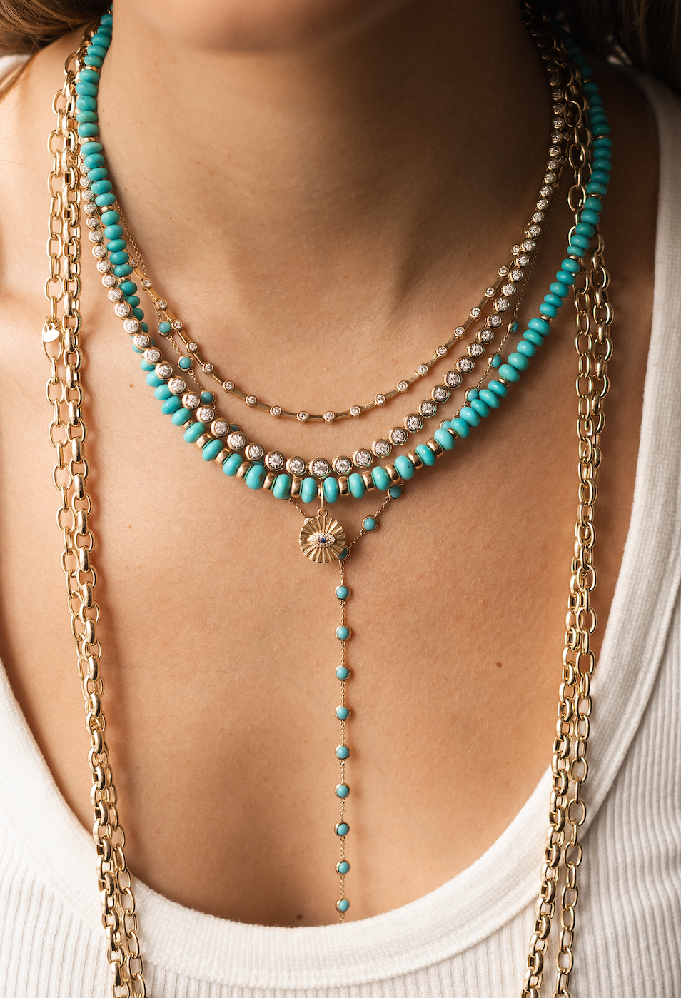 TURQUOISE & 14K GOLD Y NECKLACE