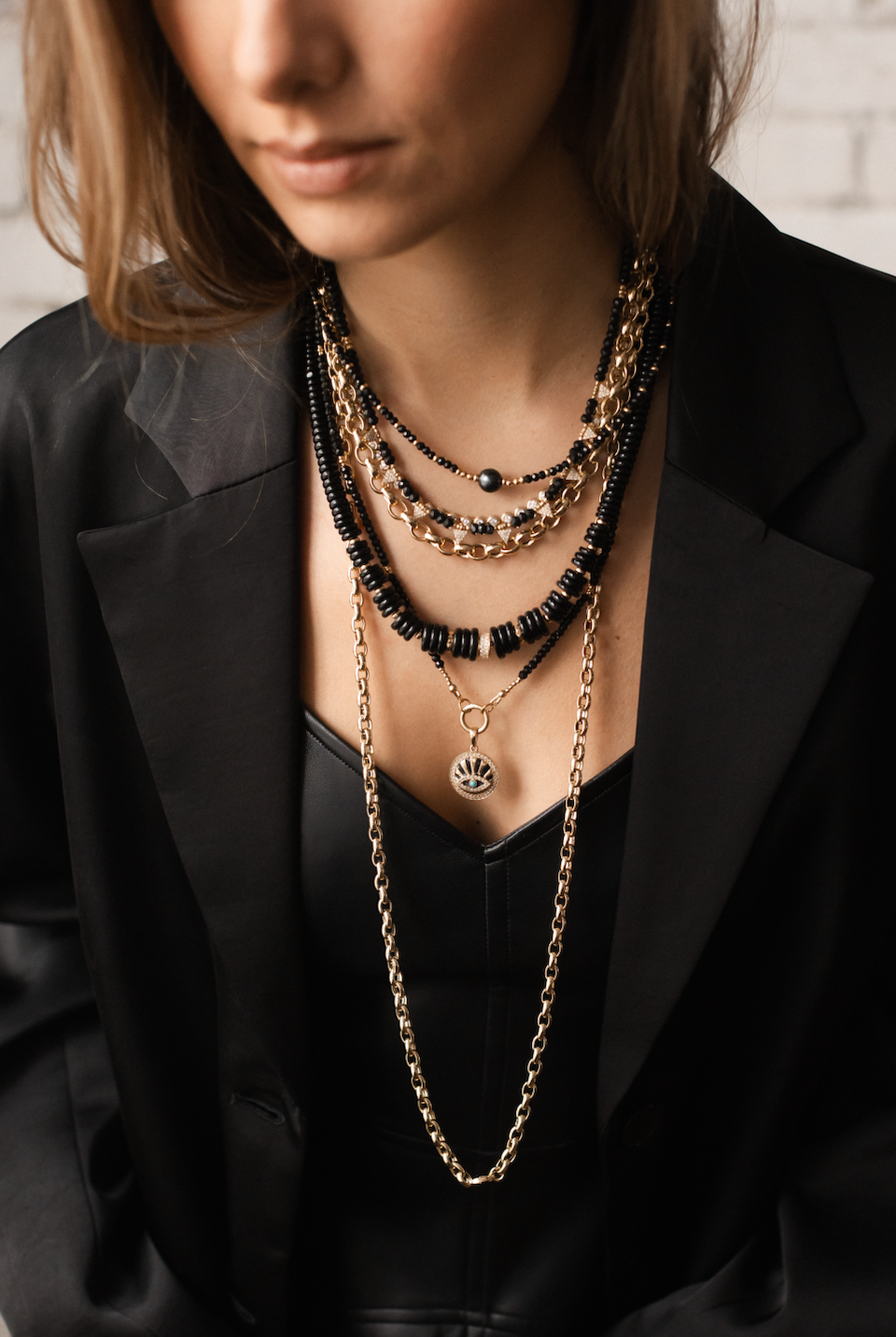 BLACK SPINEL AND 14K GOLD AND DIAMOND BEAD NECKLACE