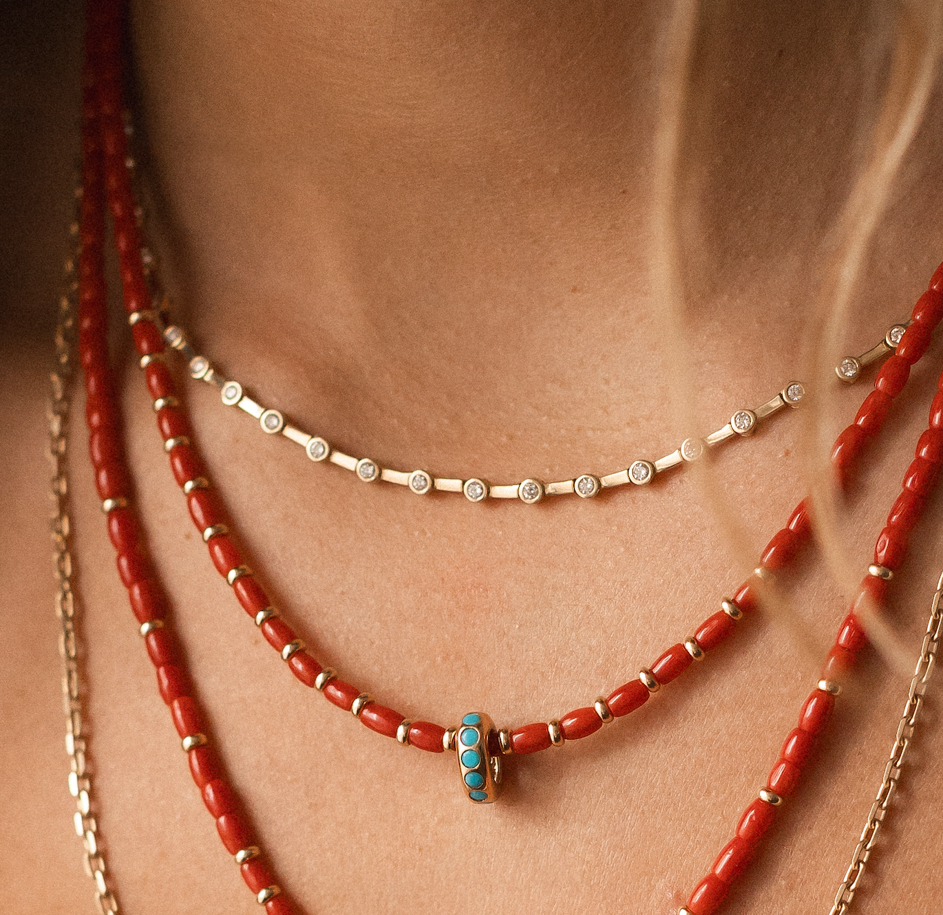 RED ITALIAN CORAL WITH 14K GOLD AND TURQUOISE SLIDER