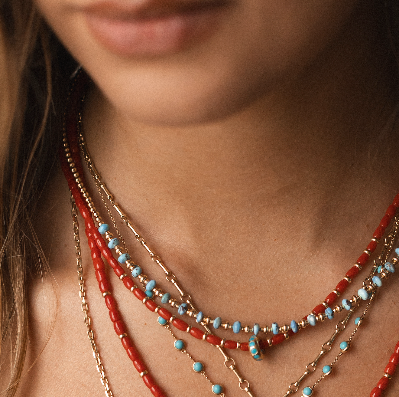 RED ITALIAN CORAL WITH 14K GOLD AND TURQUOISE SLIDER