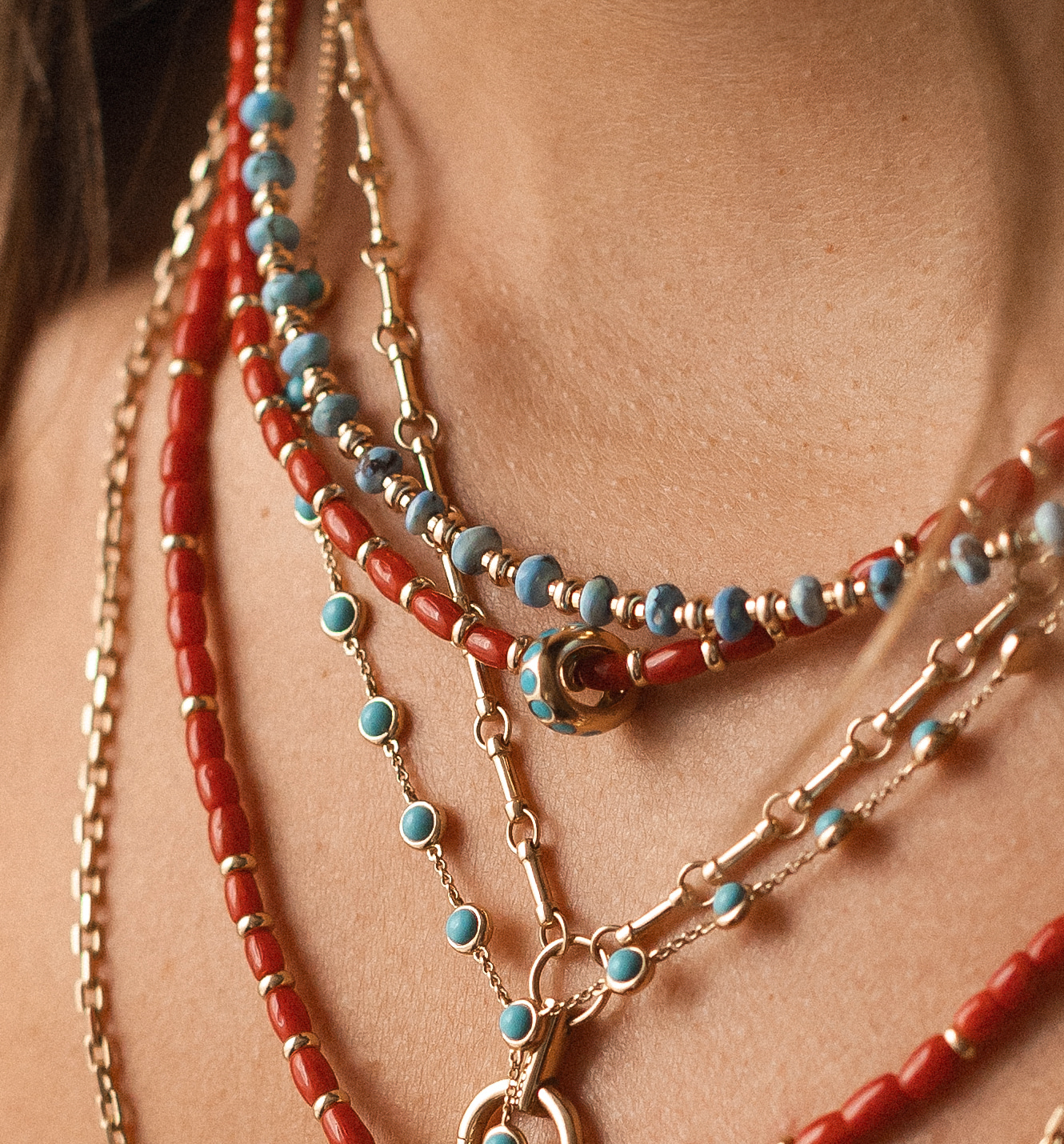 RED ITALIAN CORAL WITH 14K GOLD AND TURQUOISE SLIDER