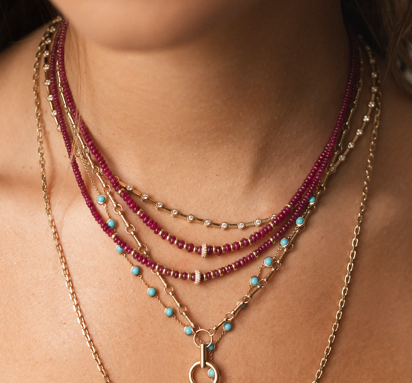 RUBY NECKLACE WITH DIAMOND FOCAL BEAD