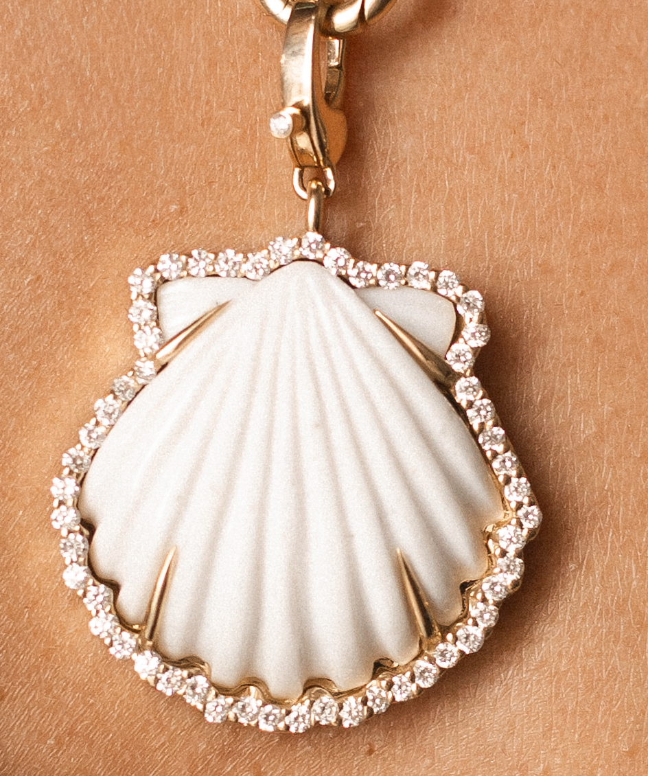 CARVED WHITE SHELL AMULET SET IN SOLID 14K GOLD WHITE DIAMONDS