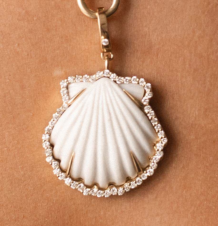 CARVED WHITE SHELL AMULET SET IN SOLID 14K GOLD WHITE DIAMONDS