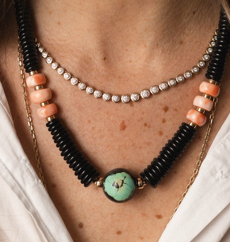 BLACK SPINEL TURQUOISE AND CORAL GEMSTONE NECKLACE. ONE OF A KIND