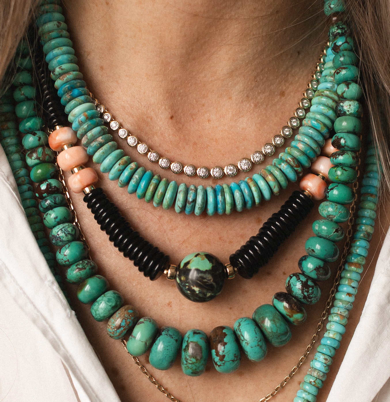 BLACK SPINEL TURQUOISE AND CORAL GEMSTONE NECKLACE. ONE OF A KIND