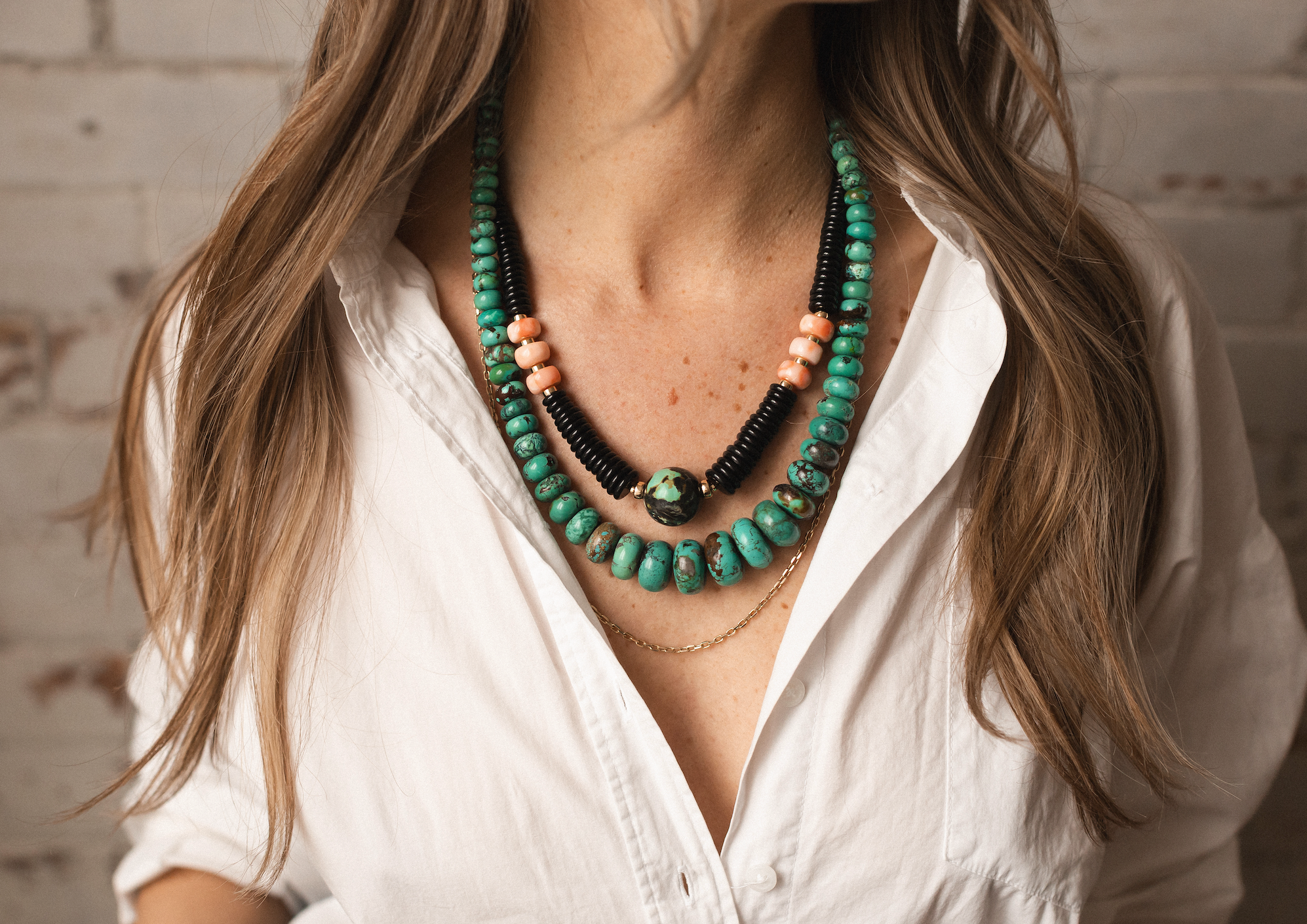 BLACK SPINEL TURQUOISE AND CORAL GEMSTONE NECKLACE. ONE OF A KIND