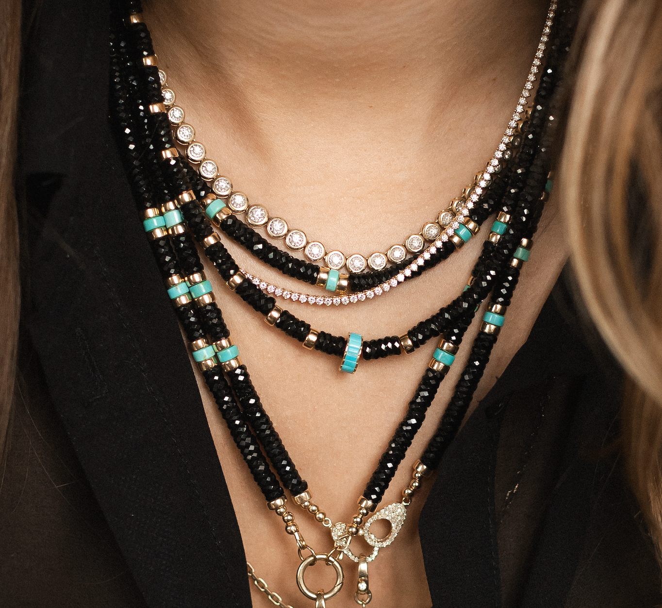 BLACK SPINEL NECKLACE WITH TURQUOISE AND GOLD SLIDER BEAD