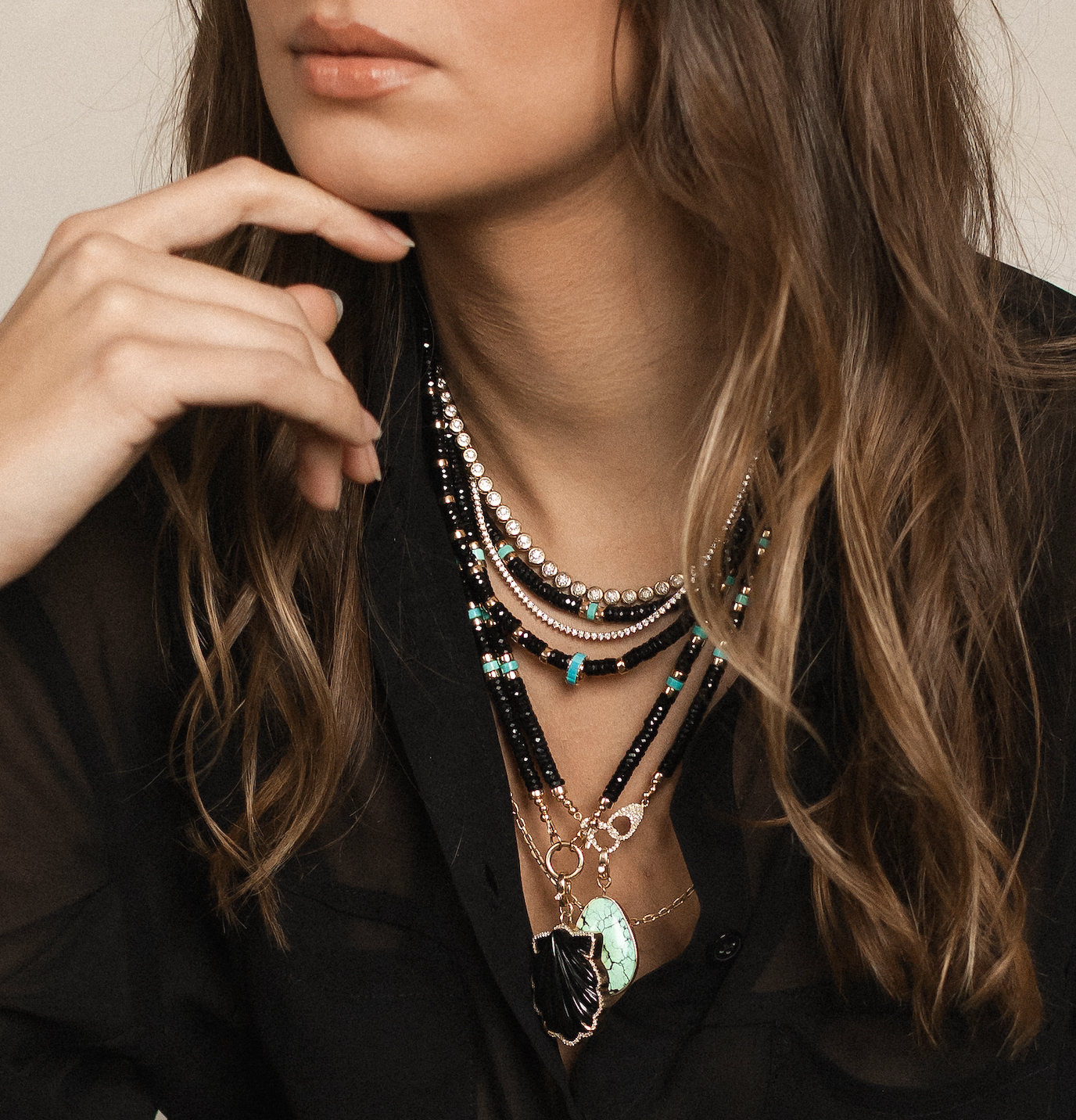 BLACK SPINEL NECKLACE WITH TURQUOISE AND GOLD SLIDER BEAD