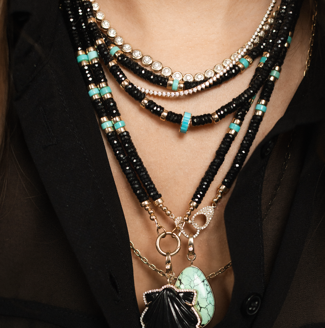 BLACK SPINEL NECKLACE WITH TURQUOISE AND GOLD SLIDER BEAD