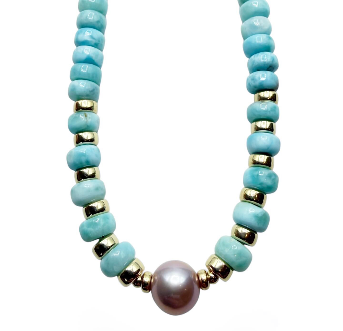 PINK FRESH WATER PEARL NECKLACE WITH PINK SHELL OR LARIMAR