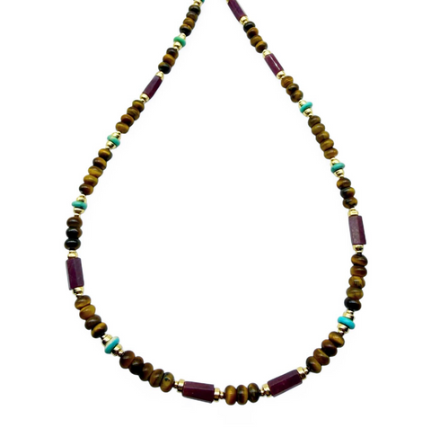 TIGERS EYE RUBY AND TURQUOISE NECKLACE
