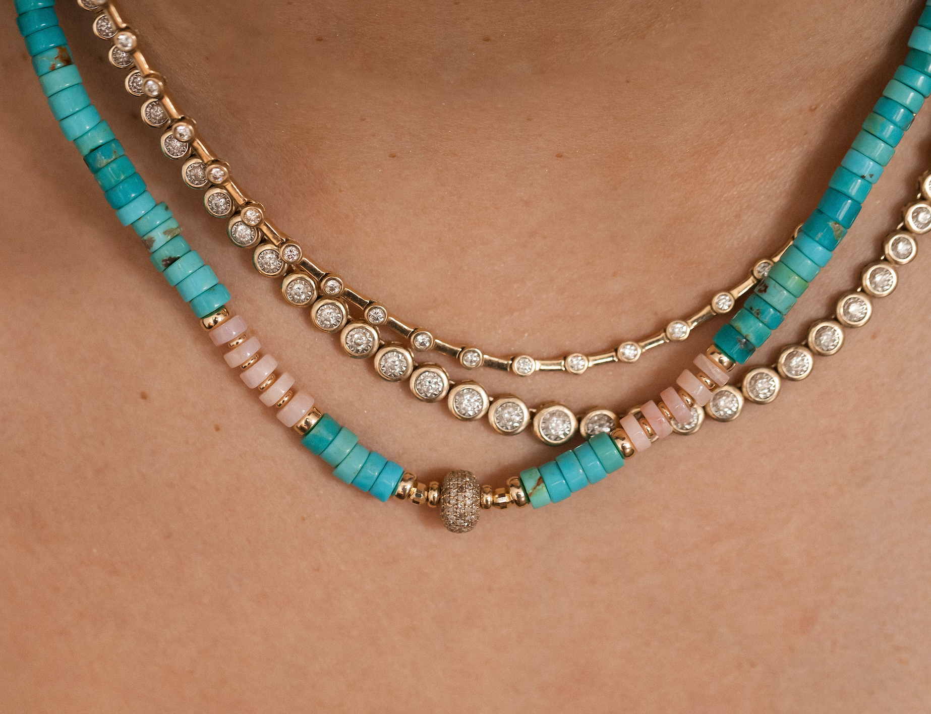 TURQUOISE PINK OPAL AND DIAMOND BEADED NECKLACE