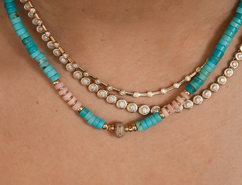 TURQUOISE PINK OPAL AND DIAMOND BEADED NECKLACE