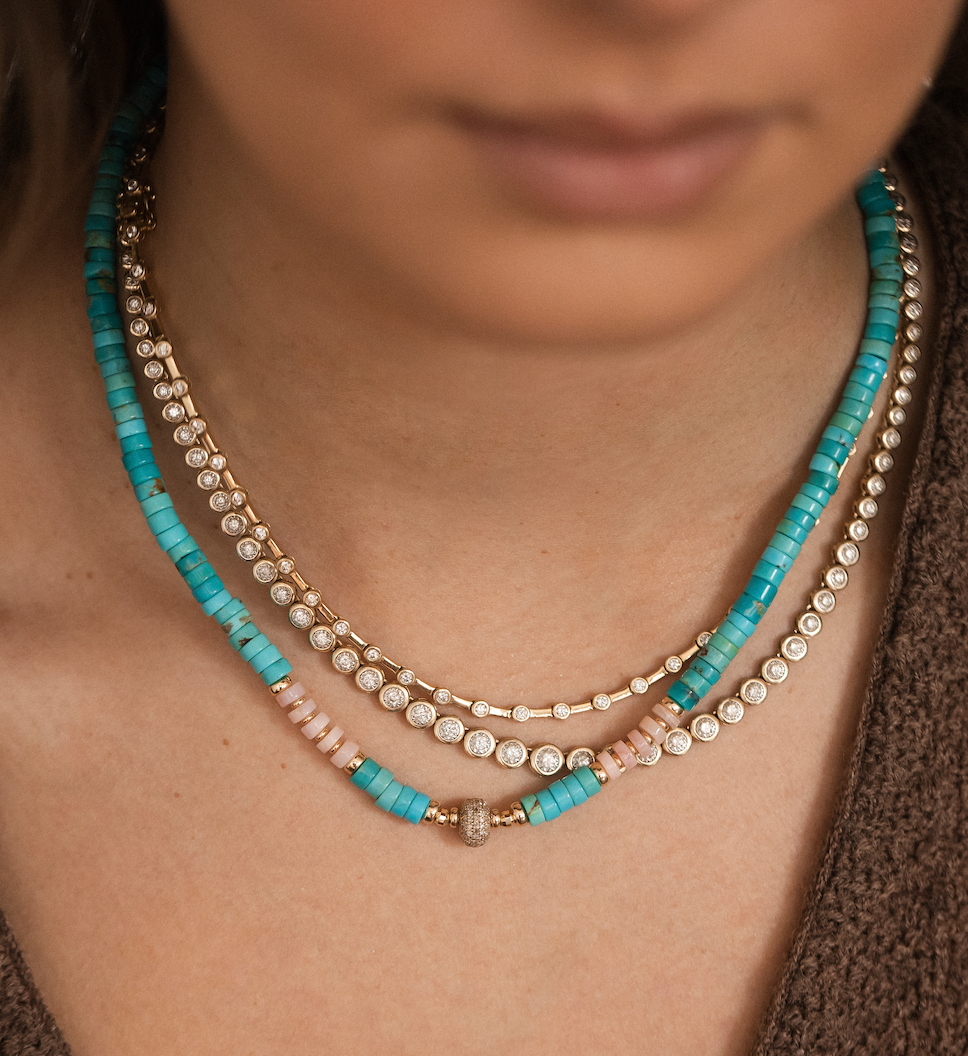TURQUOISE PINK OPAL AND DIAMOND BEADED NECKLACE